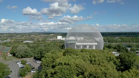 Aerial Pullback from Montreal Biosphere Over Parkland Stock Footage 327305821