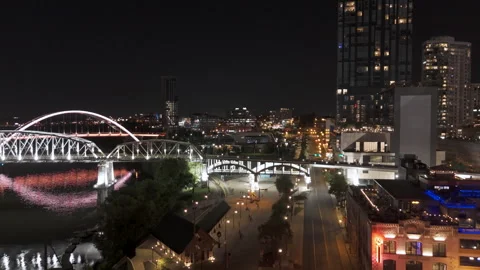 Aerial Pullback-Night-1st Ave S-Cumberland River-Nashville Stock Footage 287805525