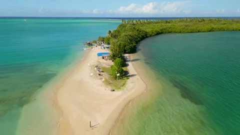 Aerial Pullback No Man's Land Tobago Secluded White Sand Spit Beach Stock Footage 342354722