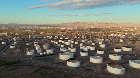Aerial Pullback Over Fuel Storage Tanks and Refinery in El Paso Texas Stock Footage 334950350