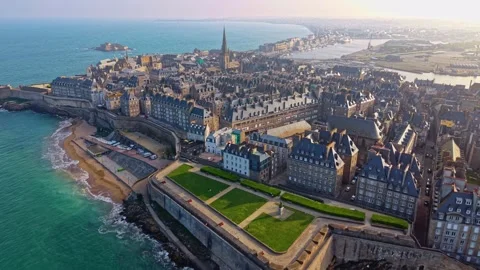 Aerial Pullback Over Saint Malo Bastion and Coastline Stock-Footage 333870880