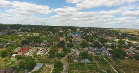 Aerial Pullback Over Ukrainian Town — Orthodox Church Blue Domes Summer View Video stock 334088616
