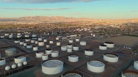 Aerial Pullback Over Vast Fuel Storage Tank Farm and Refinery Complex Stock Footage 334950490