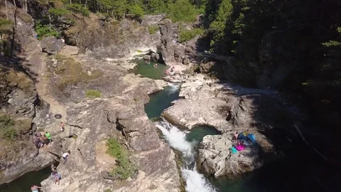 Aerial pullback with people at river swimming hole in summer Video stock 77894732