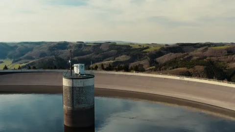 Aerial Pullback Reveal, Pumped Storage Dam, Germany, Cinematic Drone Stock Footage 332553767