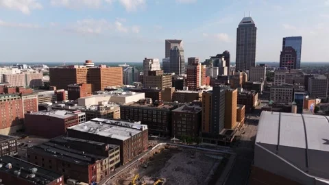 Aerial Pullback Reveals Beautiful Indy Skyline. Gainbridge Fieldhouse Stock Footage 312430009