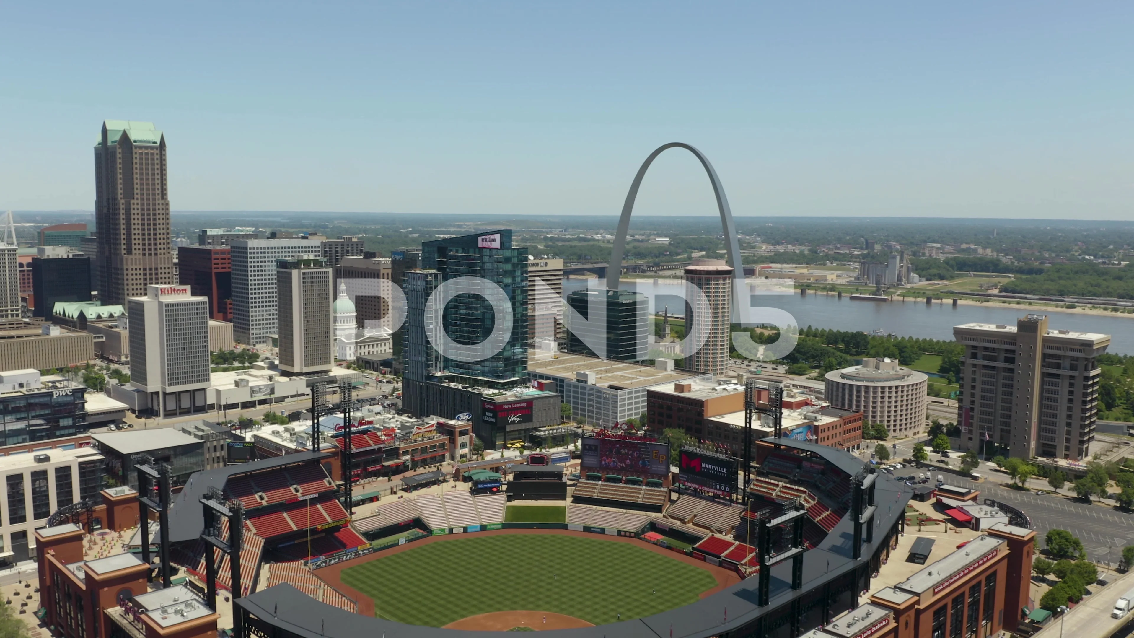 OverflightStock™  Night View of Busch Stadium and Gateway Arch St Louis  Missouri Aerial Stock Footage