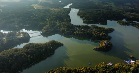Aerial pullback reveals massive expanse of reservoir, Stausee Ottenstein, Stock Footage 252280275