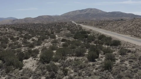 Aerial pullback of a road in a barren desert land with some small shrubs. Stock Footage 95933211