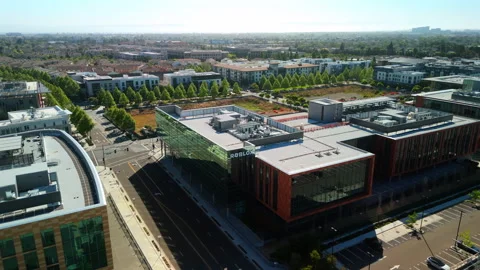 Aerial pullback from Roblox Headquarters in San Mateo to reveal surrounding area Stock Footage 312256178