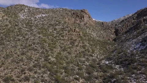 Aerial pullback of a rugged desert canyon with Saguaro cactus Stock Footage 103457510