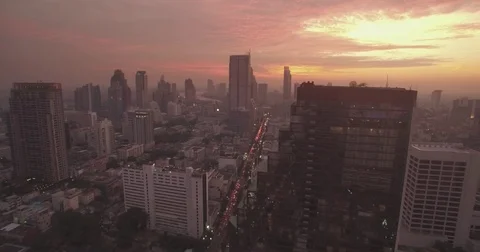 Aerial Pullback Shot of City Skyline and Downtown Bangkok Stock Footage 71663070