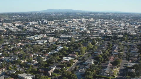 Aerial pullback shot of Culver City Los Angeleles with commercial buildings Stock Footage 272695357
