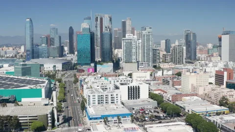 Aerial pullback shot of downtown Los Angeles business skycrapers and apartments Stock Footage 273748965