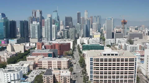 Aerial pullback shot of downtown Los Angeles, buildings, towers, skyscrapers Stock Footage 273749412