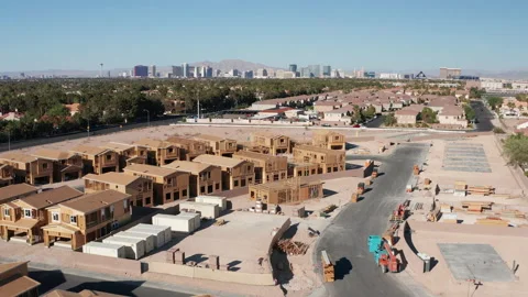 Aerial pullback shot of new residential houses and homes in Las Vegas Nevada Stock Footage 200978588