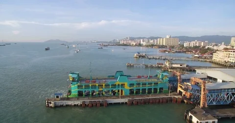 Aerial Pullback Shot Over Car Ferry in Georgetown, Penang, Malaysia Stock Footage 78717466