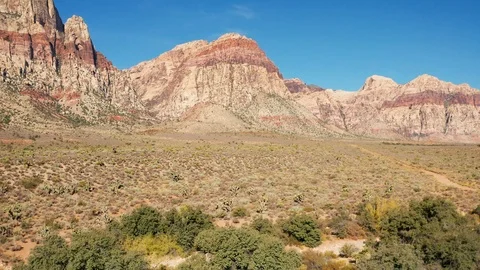 Aerial pullback shot of Red Rock Canyon mountains, joshua trees, cactus, plants Stock Footage 122949182