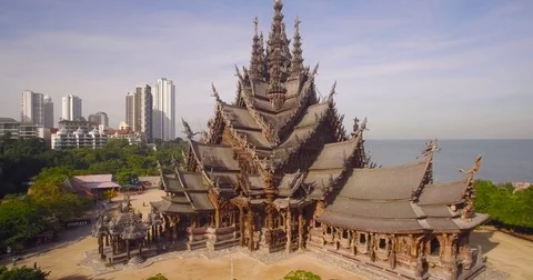 Aerial Pullback Shot Of Sanctuary Of Truth Temple, Pattaya, Thailand Stock Footage 74408953