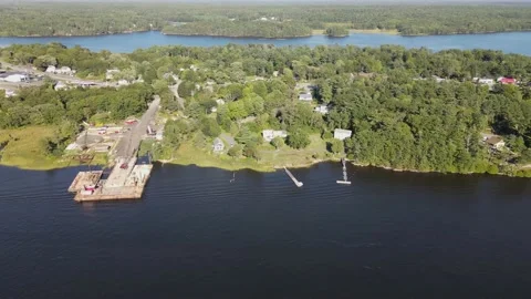 Aerial pullback shot of the shores at Woolwich Maine, ME.  Showing shore Stock Footage 212294290