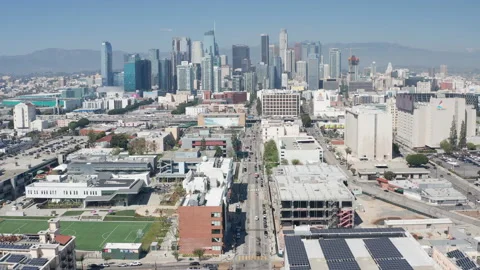 Aerial pullback shot of urban Los Angeles downtown, skyscrapers, buildings Stock Footage 273750076