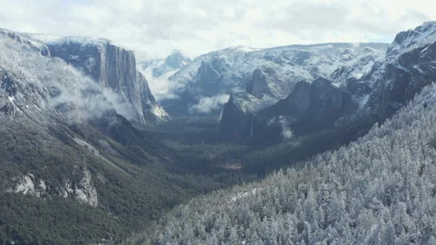 Aerial pullback shot of Yosemite pine trees covered in snow with mountains Stock Footage 270938615