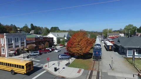 Aerial pullback showing the Blue Ridge train waiting for passengers Video stock 62469876
