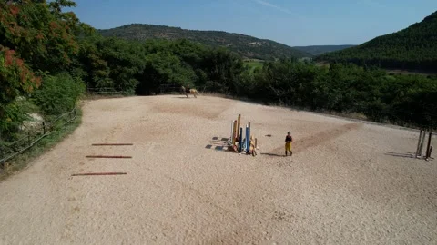 Aerial pullback of trainer checking rider jumping gaps between three bars Stock Footage 315479973