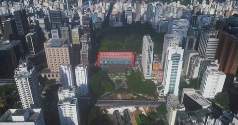 Aerial pullback view of beautiful Sao Paulo city and Museum of Art Stock Footage 115108119