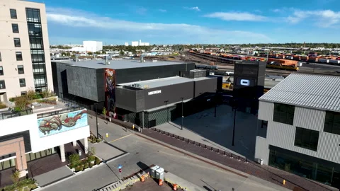 Aerial pullback view of modern new Mission Ballroom event venue, Denver Colorado Stock Footage 297989209