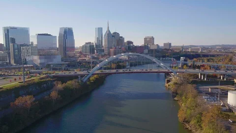Aerial Pullback View Nashville River, Busy Highway Bridges. Stock Footage 106265655