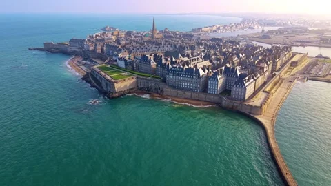 Aerial Pullback View of Saint Malo Intra Muros Coast Video stock 333870755