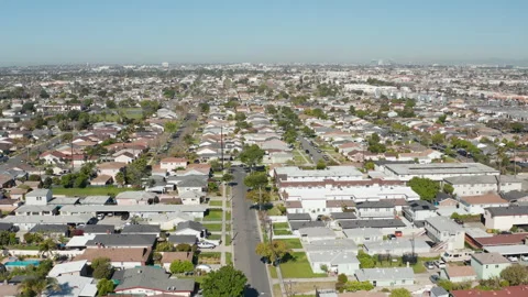 Aerial pullback view of Torrance, Gardena, Carson in Los Angeles California Stock Footage 272483797