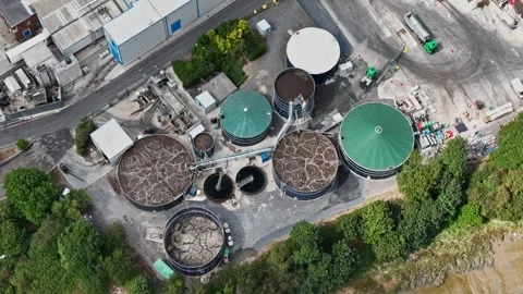 Aerial pullback waste management at meat processing plant 스톡 동영상 345010200