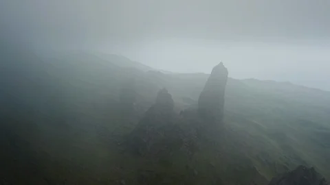 Aerial Pulling Back Away From Unique Rock Formation Into Eerie Clouds Stock-Footage 125181118