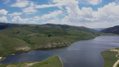 Aerial-Pulling back from beautiful high mountain Lake-POV Video stock 112363733