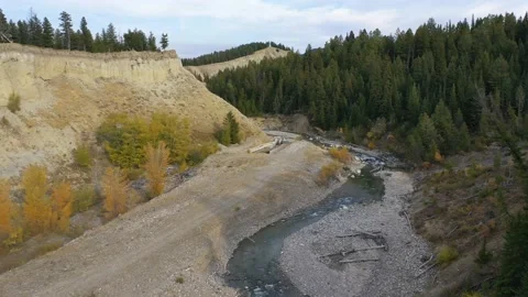 Aerial-Pulling back-Spread Creek-Autumn foliage-Pine forest Video stock 142548242