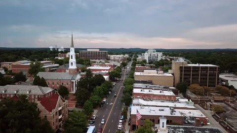 Aerial Pullout Overlooking Franklin Street Chapel Hill NC Stock Footage
