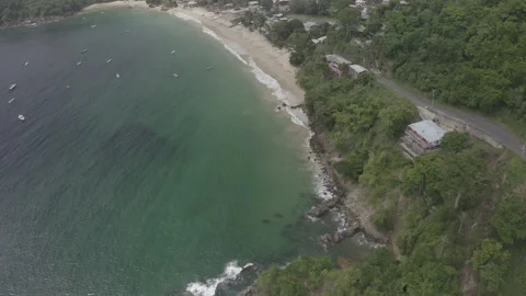 Aerial pulls back and tilts down over shoreline of Castara Bay, Tobago Stock Footage 340853578