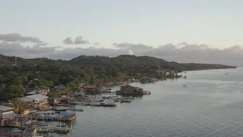 Aerial pulls back slowly over a peninsula in West End, Roatán at dusk Video stock 166603332