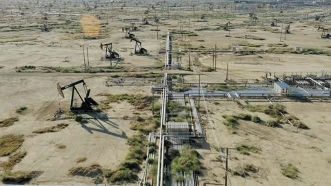 Aerial of pumpjacks in a fracking field drilling for oil, concept of Video stock 244770021