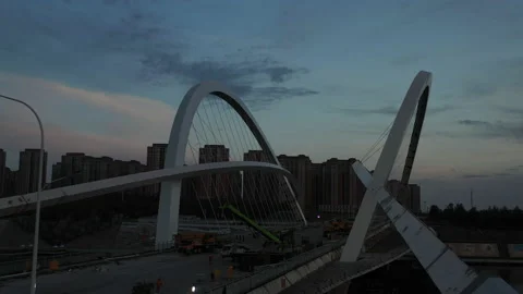 Aerial Push Across Bridge at Sunset in Ordos Ghost City Stock Footage 205089305