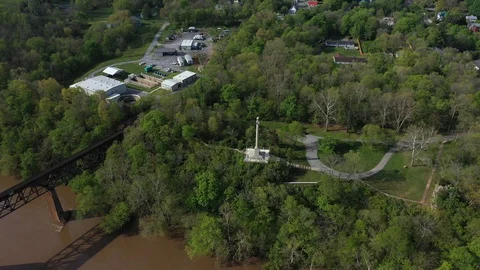 Aerial push in and tilt down onto the James Rumsey Monument in Shepherdstown, WV Stock Footage 129642670