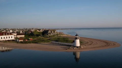 Aerial push in of Brant Point Lighthouse in the Early Morning, Nantucket Stock Footage 87964207