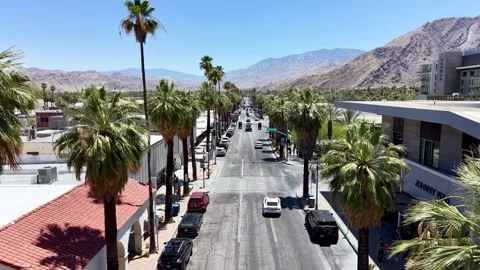 Aerial push in down palm lined streets in palm springs california Stock Footage 339983278