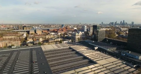 Aerial push out view over Euston station in London Stock Footage 70190652