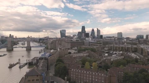 Aerial push out view of the skyline of the City of London Stock Footage 68985210