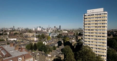 Aerial push out view of the skyline of the city of London from the South Stock Footage 68986580