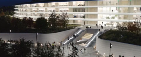 Aerial push over Apple Headquarters entrance in Cupertino Stock Footage 112856155