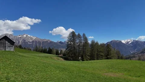 Aerial Push Past Pine Trees Towards Snowy Dolomites Peaks Under Blue Sky Stock Footage 338270469